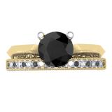 1.50 Carat (ctw) 10K Yellow Gold Round Black & White Diamond Ladies Bridal Solitaire Engagement Ring With Matching Milgrain Wedding Band Set 1 1/2 CT