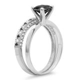 1.50 Carat (ctw) 14K White Gold Round Black & White Diamond Ladies Bridal Solitaire Engagement Ring With Matching Milgrain Wedding Band Set 1 1/2 CT
