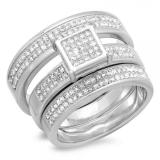0.33 Carat (ctw) Sterling Silver Round Cut Diamond Men & Women's Micro Pave Engagement Ring Trio Bridal Set 1/3 CT