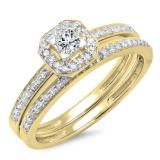 0.55 Carat (ctw) 10K Yellow Gold Princess & Round Cut Diamond Ladies Halo Engagement Bridal Ring With Matching Band Set 1/2 CT