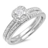 0.55 Carat (ctw) 14K White Gold Princess & Round Cut Diamond Ladies Halo Engagement Bridal Ring With Matching Band Set 1/2 CT