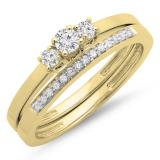 0.33 Carat (ctw) 10K Yellow Gold Round Cut Diamond Ladies Bridal Engagement 3 Stone Ring With Matching Wedding Band Set 1/3 CT