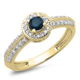 0.70 Carat (ctw) 10K Yellow Gold Round Blue & White Diamond Ladies Bridal Vintage Style Milgrain Halo Engagement Ring 3/4 CT