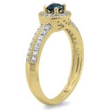 0.70 Carat (ctw) 10K Yellow Gold Round Blue & White Diamond Ladies Bridal Vintage Style Milgrain Halo Engagement Ring 3/4 CT