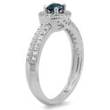 0.70 Carat (ctw) 14K White Gold Round Blue & White Diamond Ladies Bridal Vintage Style Milgrain Halo Engagement Ring 3/4 CT