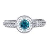 0.70 Carat (ctw) 14K White Gold Round Blue & White Diamond Ladies Bridal Vintage Style Milgrain Halo Engagement Ring 3/4 CT
