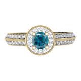 0.70 Carat (ctw) 14K Yellow Gold Round Blue & White Diamond Ladies Bridal Vintage Style Milgrain Halo Engagement Ring 3/4 CT