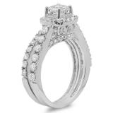 2.00 Carat (ctw) 10K White Gold Princess & Round Diamond Ladies Halo Style Bridal Engagement Ring Matching Band Set 2 CT