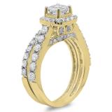 2.00 Carat (ctw) 10K Yellow Gold Princess & Round Diamond Ladies Halo Style Bridal Engagement Ring Matching Band Set 2 CT