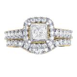 2.00 Carat (ctw) 10K Yellow Gold Princess & Round Diamond Ladies Halo Style Bridal Engagement Ring Matching Band Set 2 CT