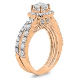 2.00 Carat (ctw) 14K Rose Gold Princess & Round Diamond Ladies Halo Style Bridal Engagement Ring Matching Band Set 2 CT