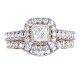 2.00 Carat (ctw) 14K Rose Gold Princess & Round Diamond Ladies Halo Style Bridal Engagement Ring Matching Band Set 2 CT
