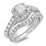 2.00 Carat (ctw) 14K White Gold Princess & Round Diamond Ladies Halo Style Bridal Engagement Ring Matching Band Set 2 CT