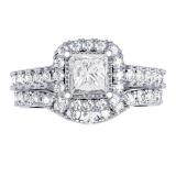 2.00 Carat (ctw) 14K White Gold Princess & Round Diamond Ladies Halo Style Bridal Engagement Ring Matching Band Set 2 CT