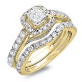 2.00 Carat (ctw) 14K Yellow Gold Princess & Round Diamond Ladies Halo Style Bridal Engagement Ring Matching Band Set 2 CT