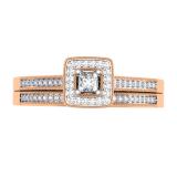 0.25 Carat (ctw) 10K Rose Gold Princess & Round Diamond Ladies Milgrain Bridal Halo Engagement Ring With Matching Band Set 1/4 CT