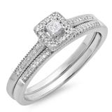 0.25 Carat (ctw) 10K White Gold Princess & Round Diamond Ladies Milgrain Bridal Halo Engagement Ring With Matching Band Set 1/4 CT