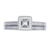 0.25 Carat (ctw) 10K White Gold Princess & Round Diamond Ladies Milgrain Bridal Halo Engagement Ring With Matching Band Set 1/4 CT