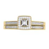 0.25 Carat (ctw) 10K Yellow Gold Princess & Round Diamond Ladies Milgrain Bridal Halo Engagement Ring With Matching Band Set 1/4 CT