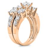 3.10 Carat (ctw) 14K Rose Gold Princess & Round Diamond Ladies Bridal 3 Stone Engagement Ring With Matching Band Set 3 1/10 CT