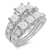 3.10 Carat (ctw) 14K White Gold Princess & Round Diamond Ladies Bridal 3 Stone Engagement Ring With Matching Band Set 3 1/10 CT