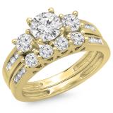 1.80 Carat (ctw) 14K Yellow Gold Round Diamond Ladies Bridal 3 Stone Engagement Ring With Matching Band Set