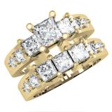 3.25 Carat (ctw) 14K Yellow Gold Princess & Round Diamond Ladies Bridal 3 Stone Engagement Ring With Matching Band Set 3 1/4 CT