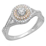 0.60 Carat (ctw) Two Tone Rose Gold Plated 14K White Gold Round Cut Diamond Ladies Crossover Swirl Bridal Halo Engagement Ring