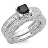 1.50 Carat (ctw) 10K White Gold Princess Cut Black & Round White Diamond Ladies Bridal Vintage Engagement Ring With Matching Band Set 1 1/2 CT