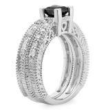 1.50 Carat (ctw) 10K White Gold Princess Cut Black & Round White Diamond Ladies Bridal Vintage Engagement Ring With Matching Band Set 1 1/2 CT