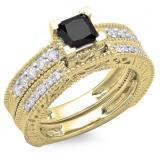 1.50 Carat (ctw) 10K Yellow Gold Princess Cut Black & Round White Diamond Ladies Bridal Vintage Engagement Ring With Matching Band Set 1 1/2 CT