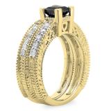 1.50 Carat (ctw) 10K Yellow Gold Princess Cut Black & Round White Diamond Ladies Bridal Vintage Engagement Ring With Matching Band Set 1 1/2 CT
