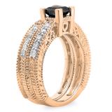 1.50 Carat (ctw) 14K Rose Gold Princess Cut Black & Round White Diamond Ladies Bridal Vintage Engagement Ring With Matching Band Set 1 1/2 CT