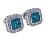 0.05 Carat (ctw) Sterling Silver Real Round Cut Blue & White Diamond Ladies Stud Earrings