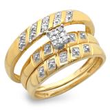 0.08 Carat (ctw) 10K Yellow Gold Round White Diamond Men & Women's Engagement Ring Bridal Trio Set