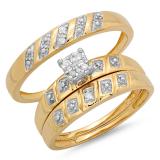 0.08 Carat (ctw) 10K Yellow Gold Round White Diamond Men & Women's Engagement Ring Bridal Trio Set