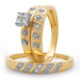 0.08 Carat (ctw) 10K Yellow Gold Round White Diamond Men & Women's Engagement Ring Bridal Trio Set
