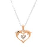 0.05 Carat (ctw) 14K Rose Gold Real Round Diamond Ladies Double Dolphin Heart Pendant
