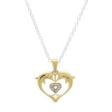0.05 Carat (ctw) 14K Yellow Gold Real Round Diamond Ladies Double Dolphin Heart Pendant