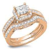 1.50 Carat (ctw) 10K Rose Gold Princess & Round Diamond Ladies Halo Style Bridal Engagement Ring With Matching Band Set 1 1/2 CT