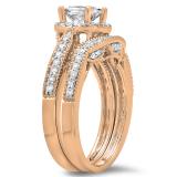 1.50 Carat (ctw) 10K Rose Gold Princess & Round Diamond Ladies Halo Style Bridal Engagement Ring With Matching Band Set 1 1/2 CT