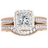 1.50 Carat (ctw) 10K Rose Gold Princess & Round Diamond Ladies Halo Style Bridal Engagement Ring With Matching Band Set 1 1/2 CT