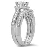 1.50 Carat (ctw) 10K White Gold Princess & Round Diamond Ladies Halo Style Bridal Engagement Ring With Matching Band Set 1 1/2 CT