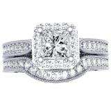1.50 Carat (ctw) 10K White Gold Princess & Round Diamond Ladies Halo Style Bridal Engagement Ring With Matching Band Set 1 1/2 CT