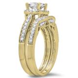 1.50 Carat (ctw) 10K Yellow Gold Princess & Round Diamond Ladies Halo Style Bridal Engagement Ring With Matching Band Set 1 1/2 CT
