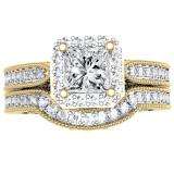 1.50 Carat (ctw) 14K Yellow Gold Princess & Round Diamond Ladies Halo Style Bridal Engagement Ring With Matching Band Set 1 1/2 CT