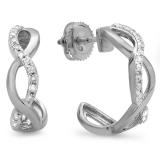 0.25 Carat (ctw) 10K White Gold Real Round Diamond Ladies Swirl J Shaped Hoop Earrings 1/4 CT