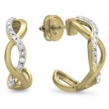 0.25 Carat (ctw) 10K Yellow Gold Real Round Diamond Ladies Swirl J Shaped Hoop Earrings 1/4 CT
