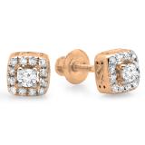0.25 Carat (ctw) 18K Rose Gold Round Cut Diamond Ladies Square Frame Halo Stud Earrings 1/4 CT