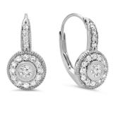 0.45 Carat (ctw) 10K White Gold Round Cut Diamond Ladies Cluster Halo Style Milgrain Drop Earrings 1/2 CT